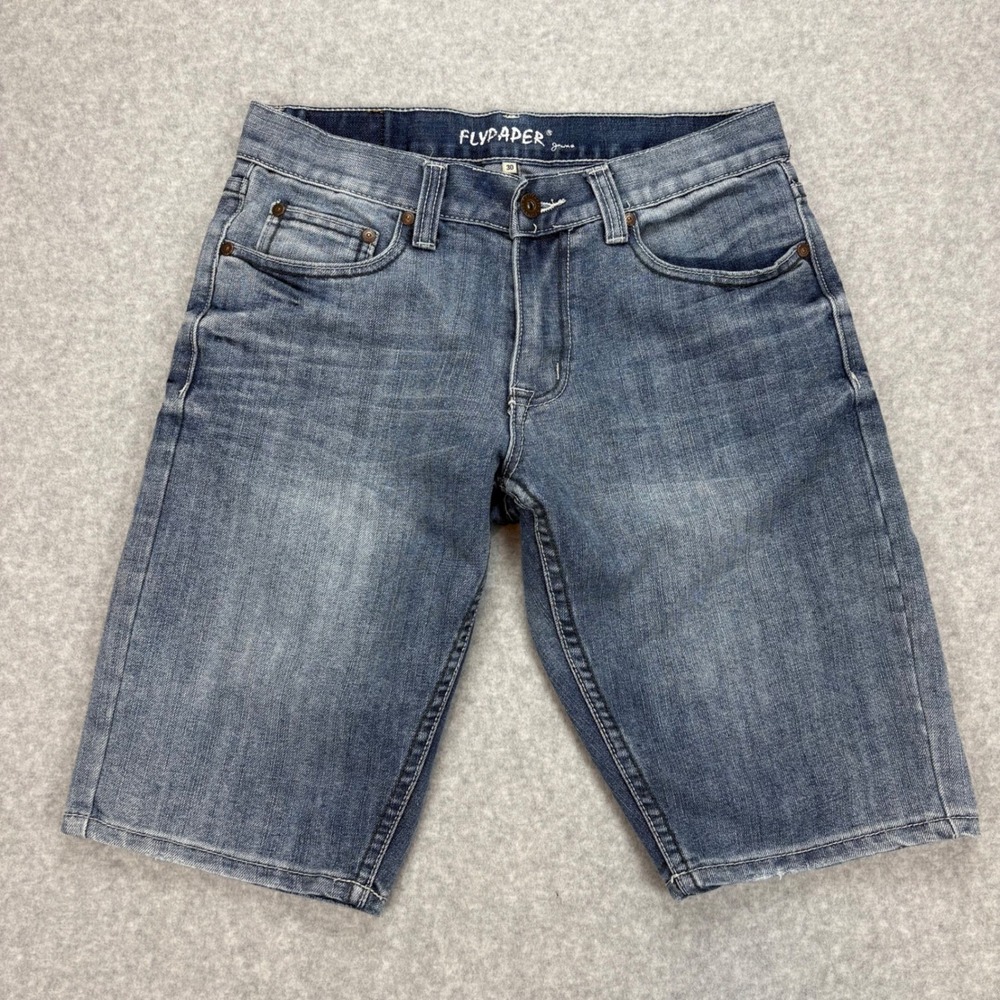 Flypaper Denim Shorts Mens 30 Blue Embroidered Pockets Y2K Skater Grunge Jorts - Picture 2 of 8
